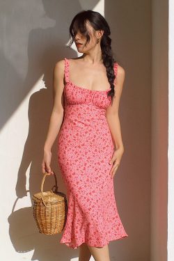 Pink Floral Spaghetti Strap Mermaid Dress - Fitted Vintage-Inspired Tank Top with French Print - Elegant Summer Fashion