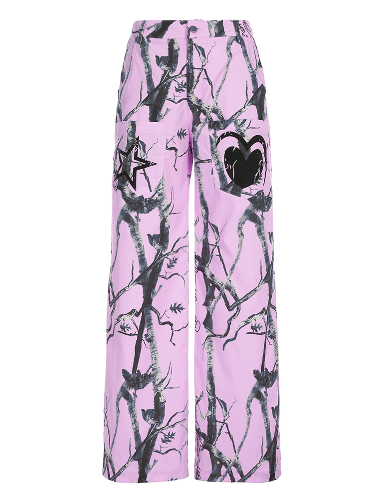 Pink Graffiti Wide-Leg Cargo Pants for Women - Versatile Loose Casual Draped Streetwear, Trendy Dance Style Pink Graffiti Wide-Leg Cargo Pants for Women - Versatile Loose Casual Draped Streetwear, Trendy Dance Style