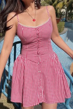 Pink Plaid Waist-Defined Button Cami Dress - Handmade French Vintage Style for Spring/Summer 2025, Perfect for Holiday Looks