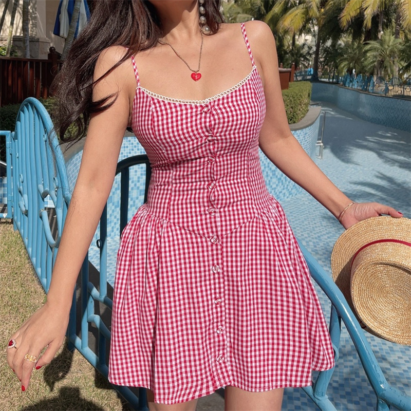 Pink Plaid Waist-Defined Button Cami Dress - Handmade French Vintage Style for Spring/Summer 2025, Perfect for Holiday Looks Pink Plaid Waist-Defined Button Cami Dress - Handmade French Vintage Style for Spring/Summer 2025, Perfect for Holiday Looks