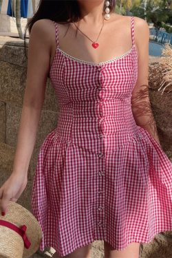 Pink Plaid Waist-Defined Button Cami Dress - Handmade French Vintage Style for Spring/Summer 2025, Perfect for Holiday Looks