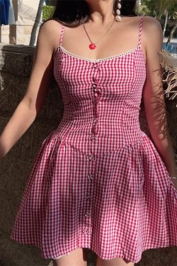 Pink Plaid Waist-Defined Button Cami Dress - Handmade French Vintage Style for Spring/Summer 2025, Perfect for Holiday Looks