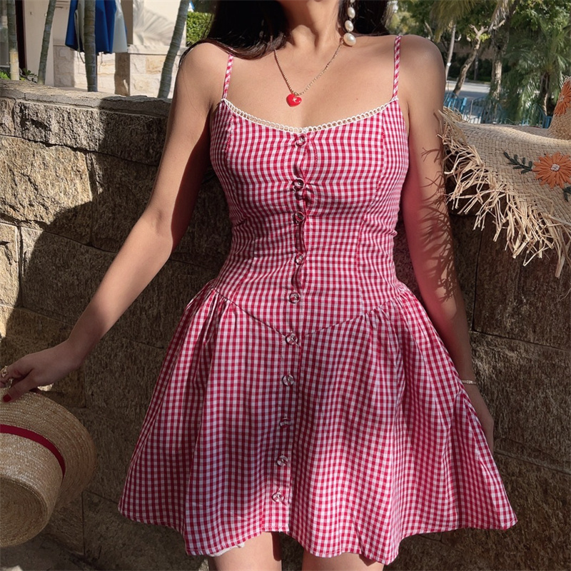 Pink Plaid Waist-Defined Button Cami Dress - Handmade French Vintage Style for Spring/Summer 2025, Perfect for Holiday Looks Pink Plaid Waist-Defined Button Cami Dress - Handmade French Vintage Style for Spring/Summer 2025, Perfect for Holiday Looks
