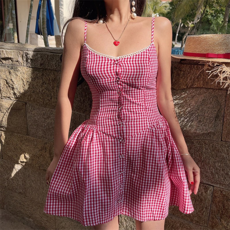 Pink Plaid Waist-Defined Button Cami Dress - Handmade French Vintage Style for Spring/Summer 2025, Perfect for Holiday Looks Pink Plaid Waist-Defined Button Cami Dress - Handmade French Vintage Style for Spring/Summer 2025, Perfect for Holiday Looks