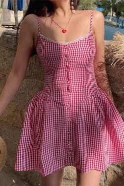 Pink Plaid Waist-Defined Button Cami Dress - Handmade French Vintage Style for Spring/Summer 2025, Perfect for Holiday Looks