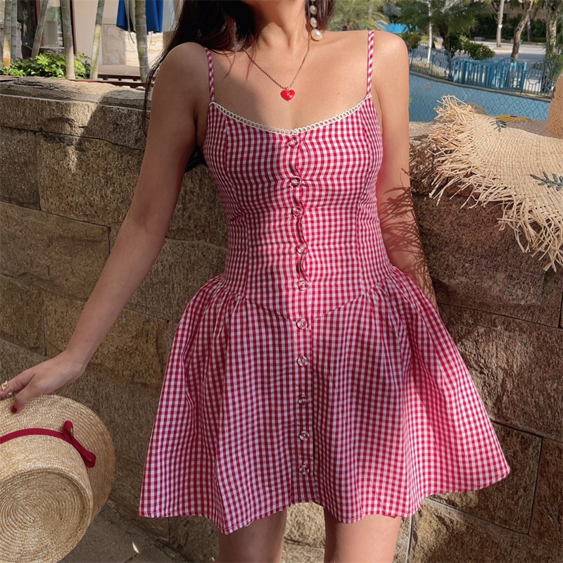 Pink Plaid Waist-Defined Button Cami Dress - Handmade French Vintage Style for Spring/Summer 2025, Perfect for Holiday Looks Pink Plaid Waist-Defined Button Cami Dress - Handmade French Vintage Style for Spring/Summer 2025, Perfect for Holiday Looks