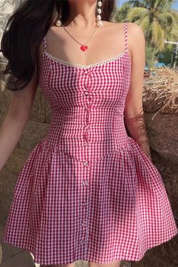Pink Plaid Waist-Defined Button Cami Dress - Handmade French Vintage Style for Spring/Summer 2025, Perfect for Holiday Looks
