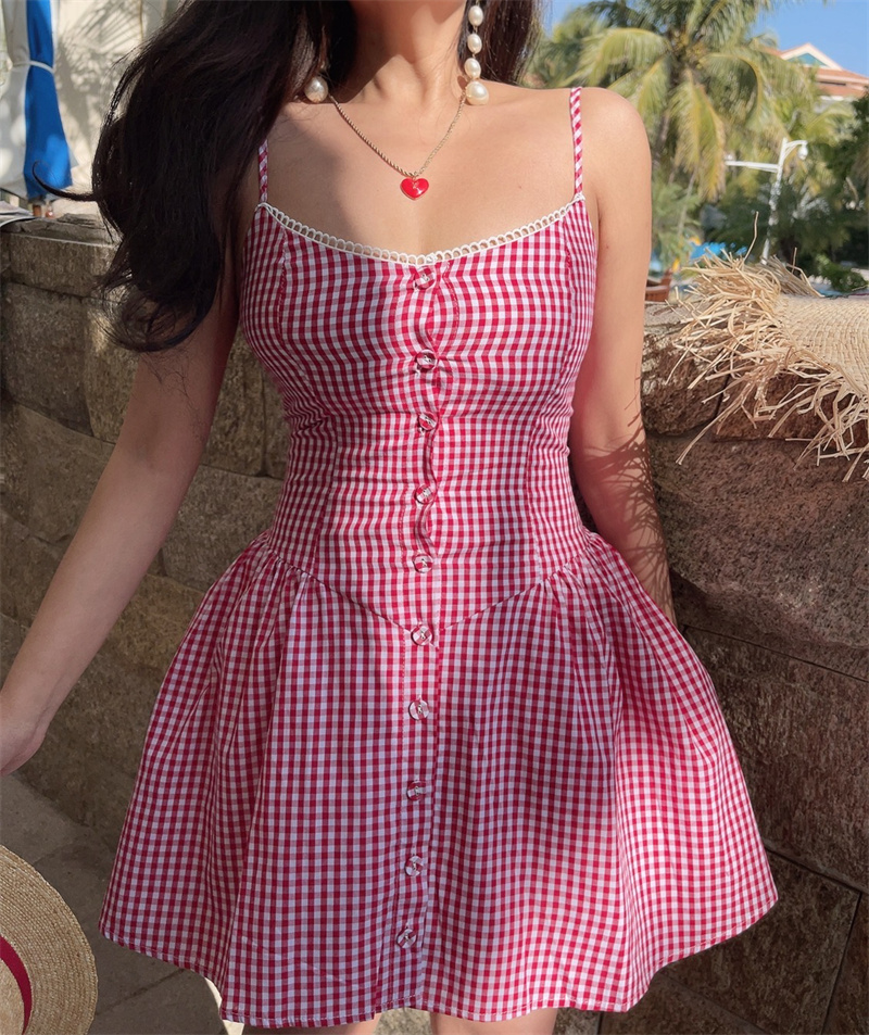 Pink Plaid Waist-Defined Button Cami Dress - Handmade French Vintage Style for Spring/Summer 2025, Perfect for Holiday Looks Pink Plaid Waist-Defined Button Cami Dress - Handmade French Vintage Style for Spring/Summer 2025, Perfect for Holiday Looks