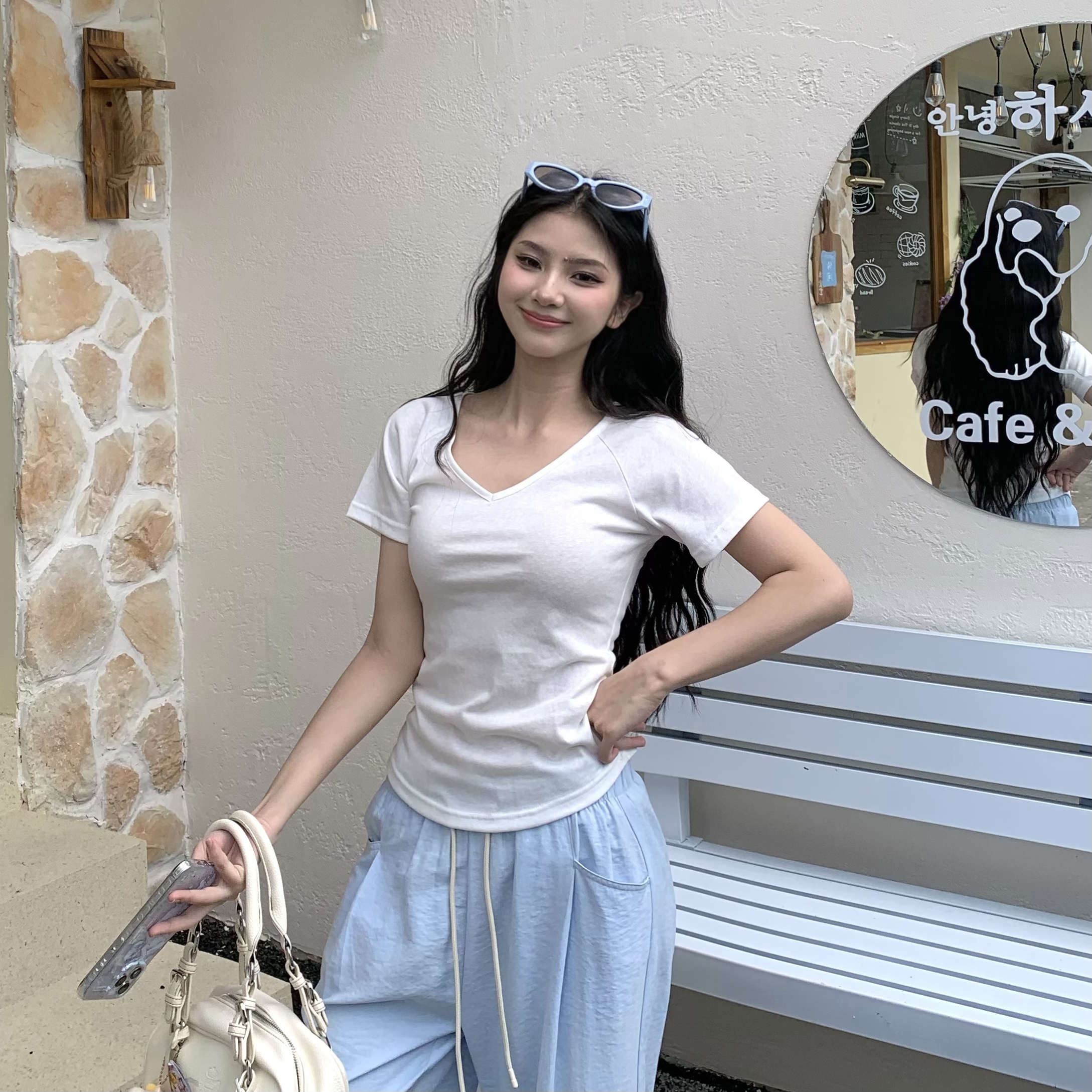 Pink Pure Desire Shoulder V-Neck Short Sleeve T-Shirt for Women - Summer Slim Fit Top - Stylish 90s Inspired Fashion Pink Pure Desire Shoulder V-Neck Short Sleeve T-Shirt for Women - Summer Slim Fit Top - Stylish 90s Inspired Fashion