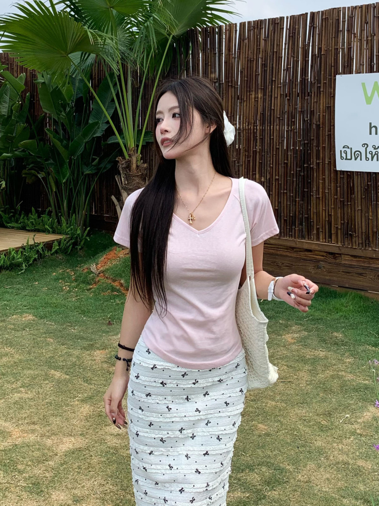 Pink Pure Desire Shoulder V-Neck Short Sleeve T-Shirt for Women - Summer Slim Fit Top - Stylish 90s Inspired Fashion Pink Pure Desire Shoulder V-Neck Short Sleeve T-Shirt for Women - Summer Slim Fit Top - Stylish 90s Inspired Fashion