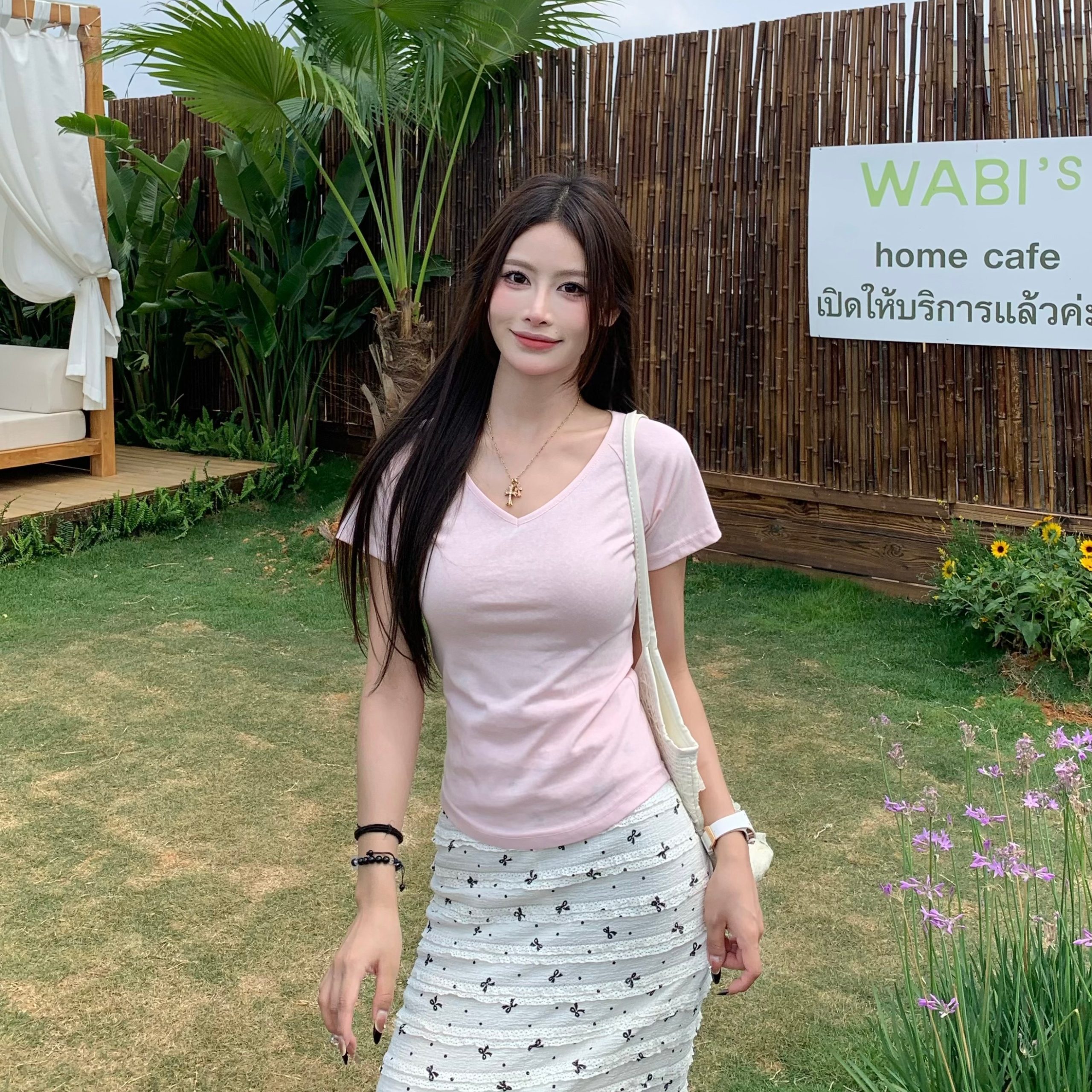 Pink Pure Desire Shoulder V-Neck Short Sleeve T-Shirt for Women - Summer Slim Fit Top - Stylish 90s Inspired Fashion Pink Pure Desire Shoulder V-Neck Short Sleeve T-Shirt for Women - Summer Slim Fit Top - Stylish 90s Inspired Fashion