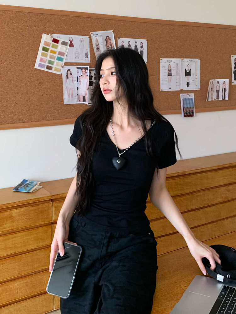 Pink Pure Desire Shoulder V-Neck Short Sleeve T-Shirt for Women - Summer Slim Fit Top - Stylish 90s Inspired Fashion Pink Pure Desire Shoulder V-Neck Short Sleeve T-Shirt for Women - Summer Slim Fit Top - Stylish 90s Inspired Fashion