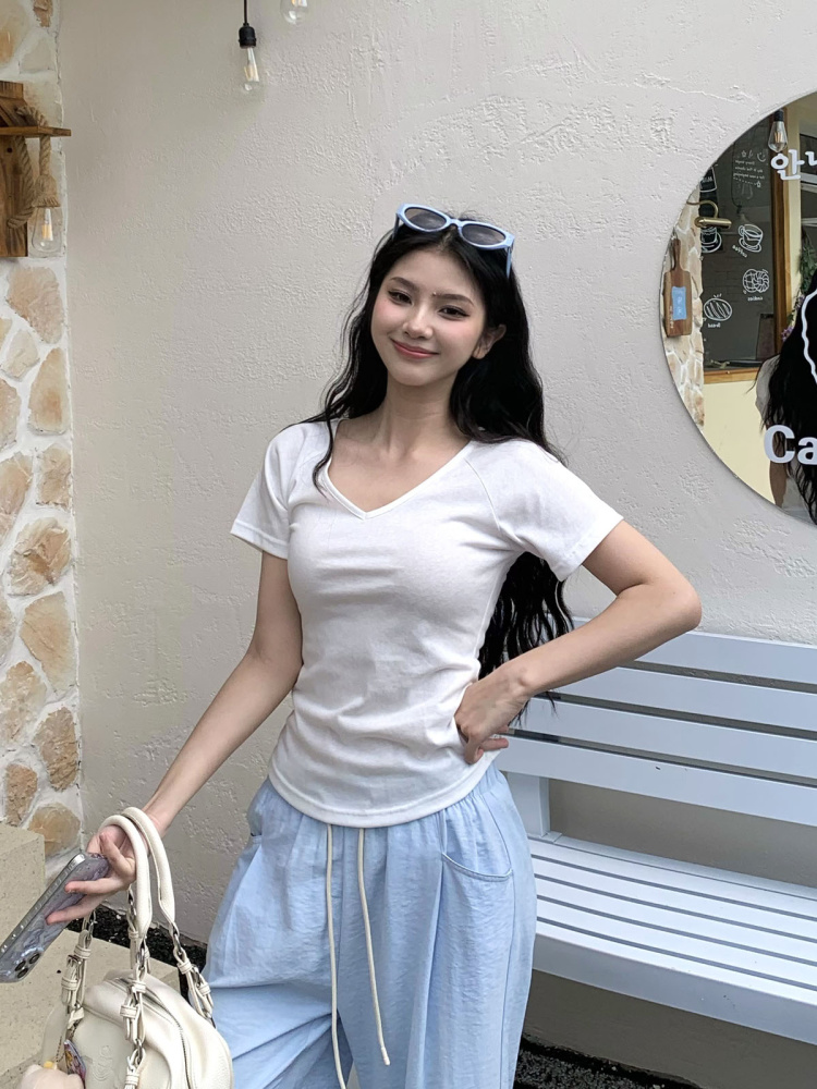 Pink Pure Desire Shoulder V-Neck Short Sleeve T-Shirt for Women - Summer Slim Fit Top - Stylish 90s Inspired Fashion Pink Pure Desire Shoulder V-Neck Short Sleeve T-Shirt for Women - Summer Slim Fit Top - Stylish 90s Inspired Fashion