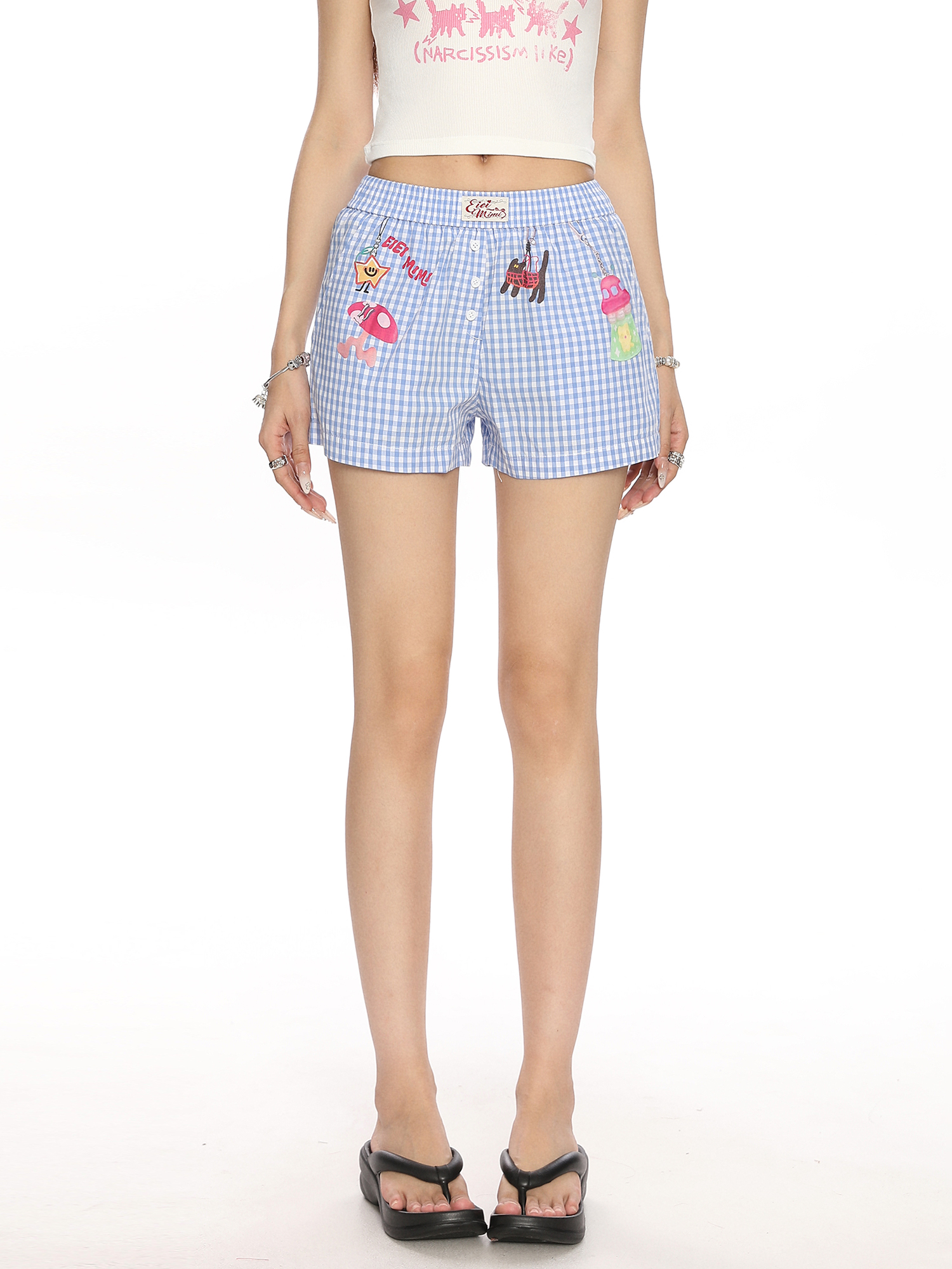 Plaid Cartoon Print Beach Shorts for Women - Summer Casual Versatile Hot Pants in Lazy Style, Y2K Inspired Plaid Cartoon Print Beach Shorts for Women - Summer Casual Versatile Hot Pants in Lazy Style, Y2K Inspired