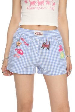 Plaid Cartoon Print Beach Shorts for Women - Summer Casual Versatile Hot Pants in Lazy Style, Y2K Inspired