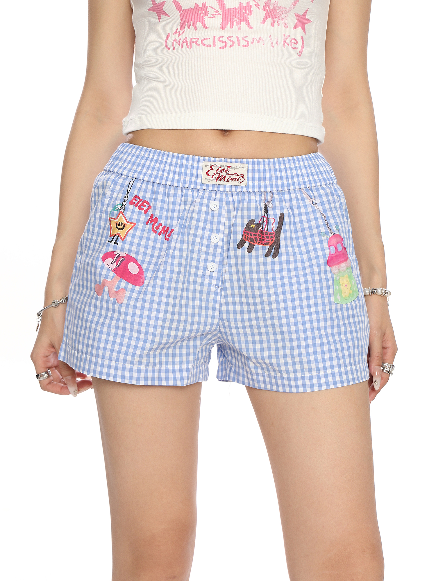 Plaid Cartoon Print Beach Shorts for Women - Summer Casual Versatile Hot Pants in Lazy Style, Y2K Inspired Plaid Cartoon Print Beach Shorts for Women - Summer Casual Versatile Hot Pants in Lazy Style, Y2K Inspired