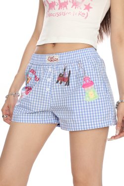 Plaid Cartoon Print Beach Shorts for Women - Summer Casual Versatile Hot Pants in Lazy Style, Y2K Inspired