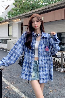 Plaid Long Sleeve Shirt for Women - Lazy Style Loose Fit Casual Blouse, Autumn Design, Niche Print Boyfriend Top