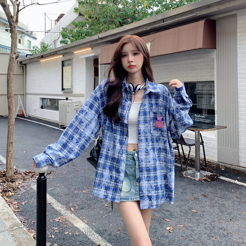 Plaid Long Sleeve Shirt for Women - Lazy Style Loose Fit Casual Blouse, Autumn Design, Niche Print Boyfriend Top Plaid Long Sleeve Shirt for Women - Lazy Style Loose Fit Casual Blouse, Autumn Design, Niche Print Boyfriend Top
