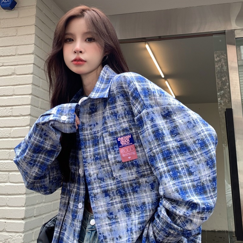 Plaid Long Sleeve Shirt for Women - Lazy Style Loose Fit Casual Blouse, Autumn Design, Niche Print Boyfriend Top Plaid Long Sleeve Shirt for Women - Lazy Style Loose Fit Casual Blouse, Autumn Design, Niche Print Boyfriend Top