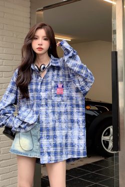 Plaid Long Sleeve Shirt for Women - Lazy Style Loose Fit Casual Blouse, Autumn Design, Niche Print Boyfriend Top