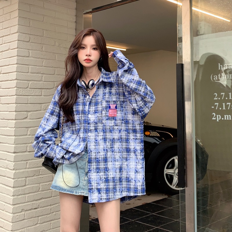 Plaid Long Sleeve Shirt for Women - Lazy Style Loose Fit Casual Blouse, Autumn Design, Niche Print Boyfriend Top Plaid Long Sleeve Shirt for Women - Lazy Style Loose Fit Casual Blouse, Autumn Design, Niche Print Boyfriend Top