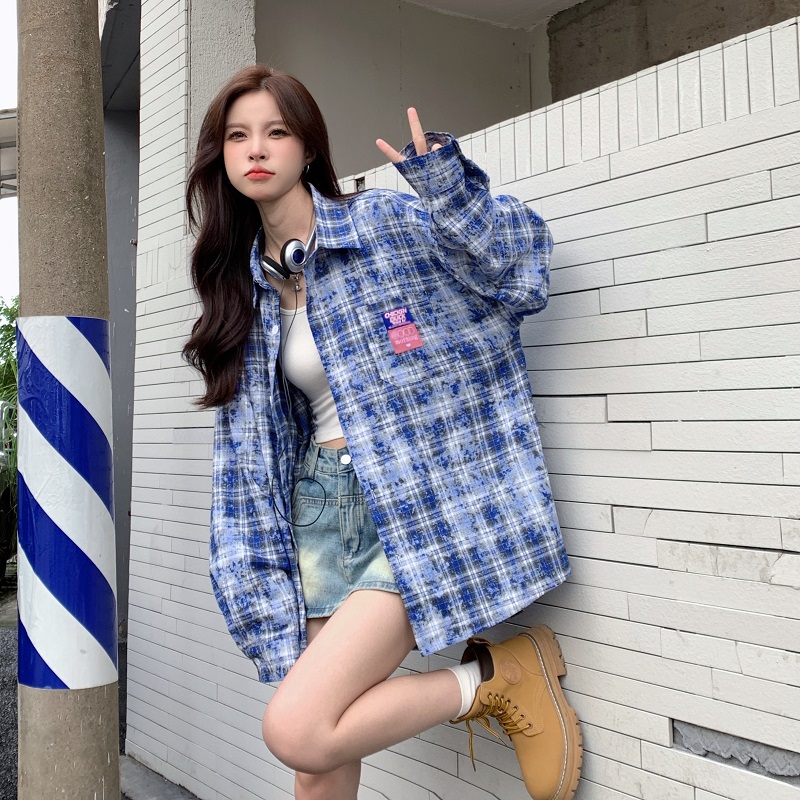 Plaid Long Sleeve Shirt for Women - Lazy Style Loose Fit Casual Blouse, Autumn Design, Niche Print Boyfriend Top Plaid Long Sleeve Shirt for Women - Lazy Style Loose Fit Casual Blouse, Autumn Design, Niche Print Boyfriend Top