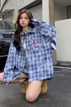 Plaid Long Sleeve Shirt for Women - Lazy Style Loose Fit Casual Blouse, Autumn Design, Niche Print Boyfriend Top