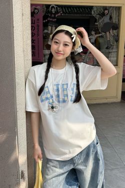 Plaid Patch Embroidery Loose Base T-Shirt for Couples - Spring Summer National Trend Short Sleeve Top