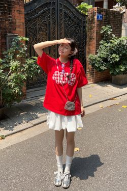 Plaid Patch Embroidery Loose Base T-Shirt for Couples - Spring Summer National Trend Short Sleeve Top