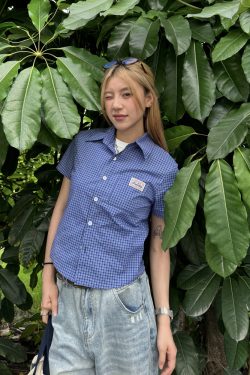 Plaid Short Sleeve Polo Shirt for Women - American High Street Style, Slim Fit, Summer Trendy Top