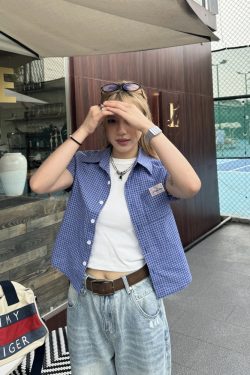 Plaid Short Sleeve Polo Shirt for Women - American High Street Style, Slim Fit, Summer Trendy Top