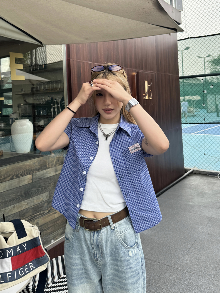 Plaid Short Sleeve Polo Shirt for Women - American High Street Style, Slim Fit, Summer Trendy Top Plaid Short Sleeve Polo Shirt for Women - American High Street Style, Slim Fit, Summer Trendy Top