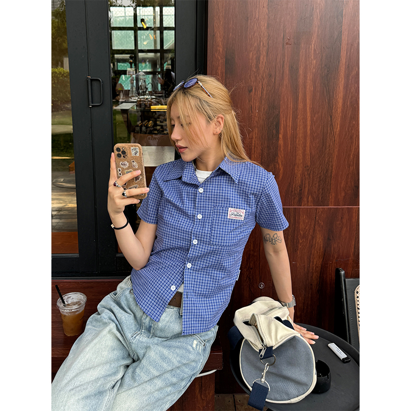 Plaid Short Sleeve Polo Shirt for Women - American High Street Style, Slim Fit, Summer Trendy Top Plaid Short Sleeve Polo Shirt for Women - American High Street Style, Slim Fit, Summer Trendy Top