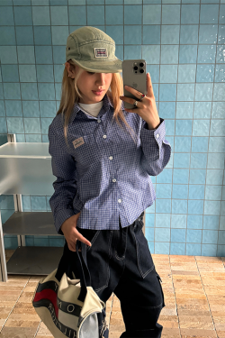 Plaid Short Sleeve Polo Shirt for Women - American High Street Style, Slim Fit, Summer Trendy Top