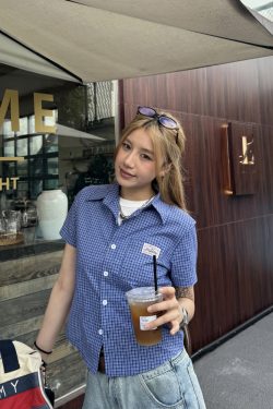 Plaid Short Sleeve Polo Shirt for Women - American High Street Style, Slim Fit, Summer Trendy Top