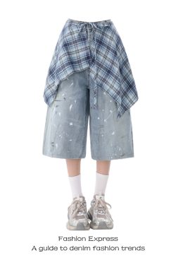 Plaid Split Hem Denim Pants for Women - Summer Color Block Ink Splash Design, Trendy Three-Quarter Length Street Style