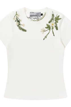 Plant-Themed Floral Embroidery Slim-Fit Round Neck Short Sleeve T-Shirt for Women - Trendy Korean Style Kids Fashion