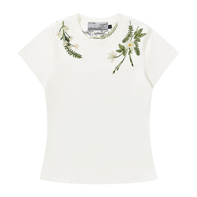Plant-Themed Floral Embroidery Slim-Fit Round Neck Short Sleeve T-Shirt for Women - Trendy Korean Style Kids Fashion Plant-Themed Floral Embroidery Slim-Fit Round Neck Short Sleeve T-Shirt for Women - Trendy Korean Style Kids Fashion