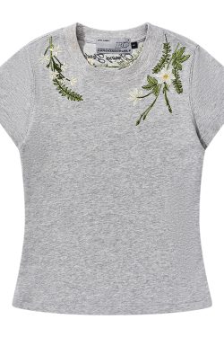 Plant-Themed Floral Embroidery Slim-Fit Round Neck Short Sleeve T-Shirt for Women - Trendy Korean Style Kids Fashion