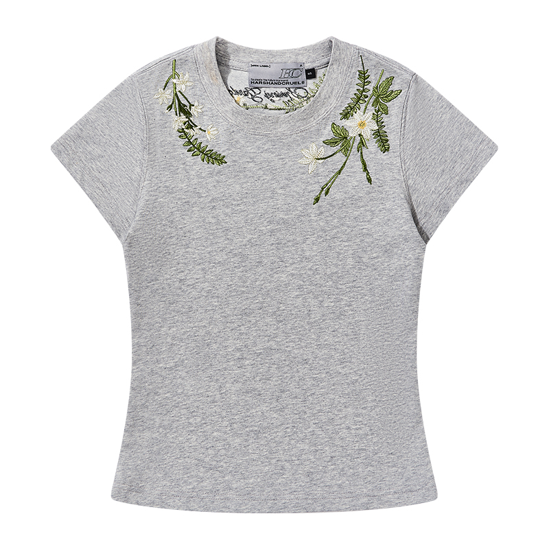 Plant-Themed Floral Embroidery Slim-Fit Round Neck Short Sleeve T-Shirt for Women - Trendy Korean Style Kids Fashion Plant-Themed Floral Embroidery Slim-Fit Round Neck Short Sleeve T-Shirt for Women - Trendy Korean Style Kids Fashion