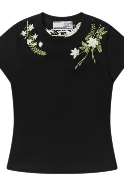 Plant-Themed Floral Embroidery Slim-Fit Round Neck Short Sleeve T-Shirt for Women - Trendy Korean Style Kids Fashion