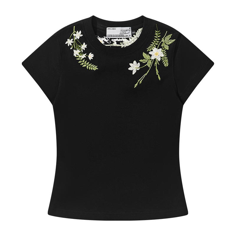 Plant-Themed Floral Embroidery Slim-Fit Round Neck Short Sleeve T-Shirt for Women - Trendy Korean Style Kids Fashion Plant-Themed Floral Embroidery Slim-Fit Round Neck Short Sleeve T-Shirt for Women - Trendy Korean Style Kids Fashion