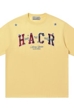 Playful Color-Blocked Checkered Patch Embroidery Loose Couple Short-Sleeve T-Shirt - Trendy Y2K Style for Effortless Vibes