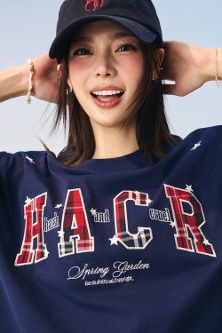 Playful Color-Blocked Checkered Patch Embroidery Loose Couple Short-Sleeve T-Shirt - Trendy Y2K Style for Effortless Vibes