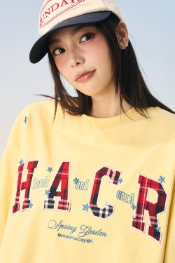 Playful Color-Blocked Checkered Patch Embroidery Loose Couple Short-Sleeve T-Shirt - Trendy Y2K Style for Effortless Vibes