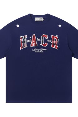 Playful Color-Blocked Checkered Patch Embroidery Loose Couple Short-Sleeve T-Shirt - Trendy Y2K Style for Effortless Vibes