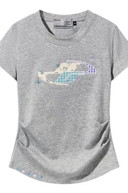 Playful Floral Patchwork Embroidered Pleated Fitted Round Neck Short Sleeve T-Shirt for Women - Y2K Inspired Style