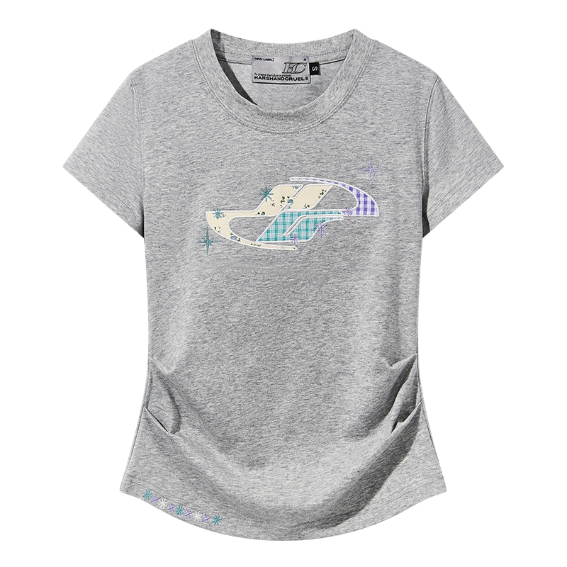 Playful Floral Patchwork Embroidered Pleated Fitted Round Neck Short Sleeve T-Shirt for Women - Y2K Inspired Style Playful Floral Patchwork Embroidered Pleated Fitted Round Neck Short Sleeve T-Shirt for Women - Y2K Inspired Style