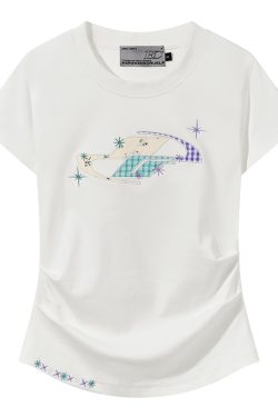 Playful Floral Patchwork Embroidered Pleated Fitted Round Neck Short Sleeve T-Shirt for Women - Y2K Inspired Style